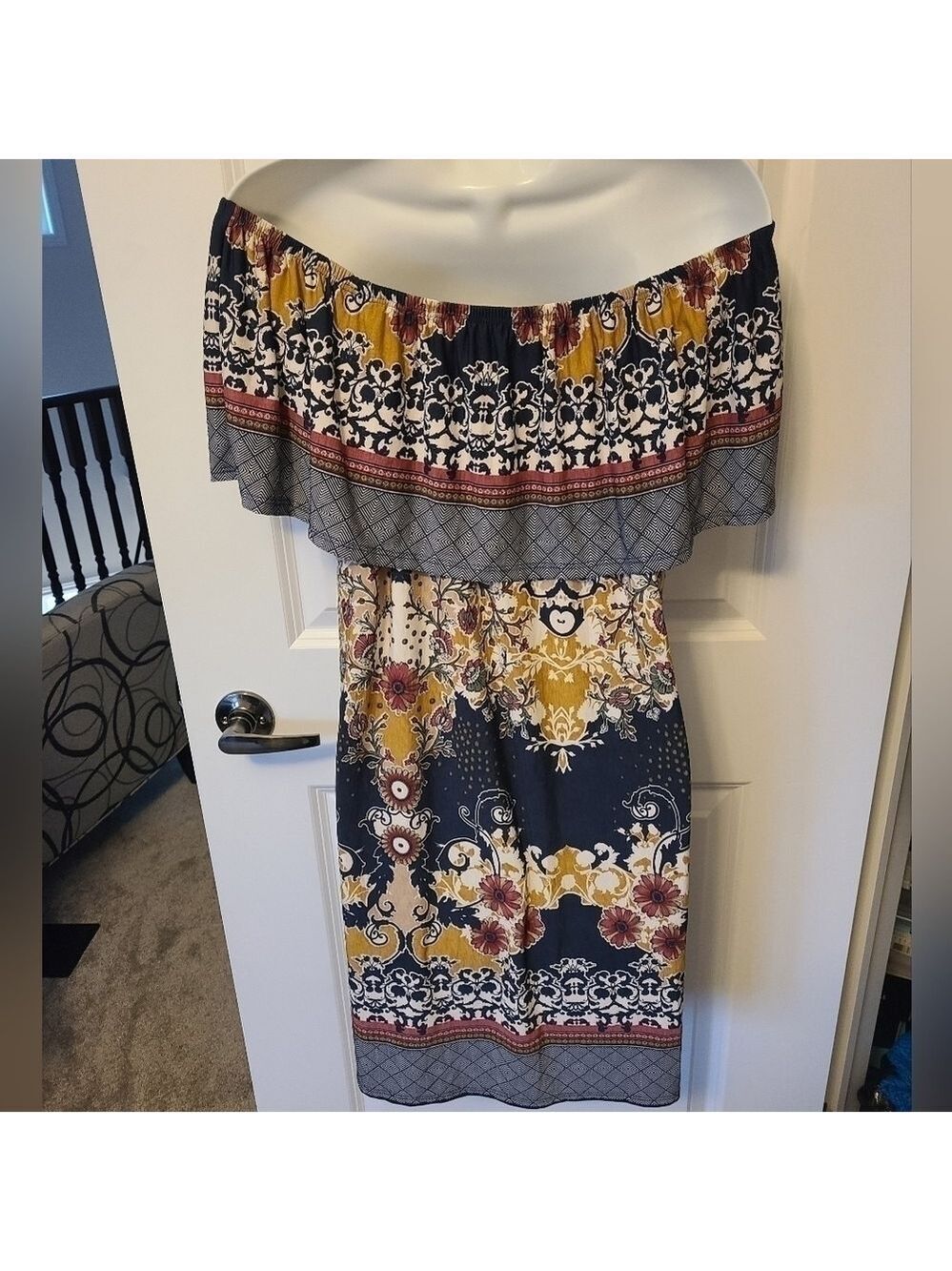 TRÏBE Off The Shoulder Strapless Bohemian Floral MIDI Sundress Size Medium NWT - Picture 2 of 6